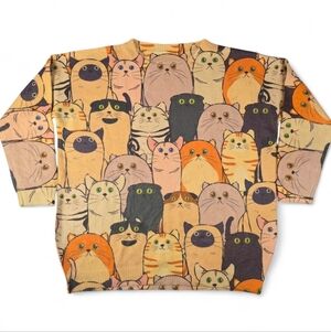 Allover Cat Print Soft Sweater Crewneck Cotton Wool Knit Women 2X/3X Men XL/XXL
